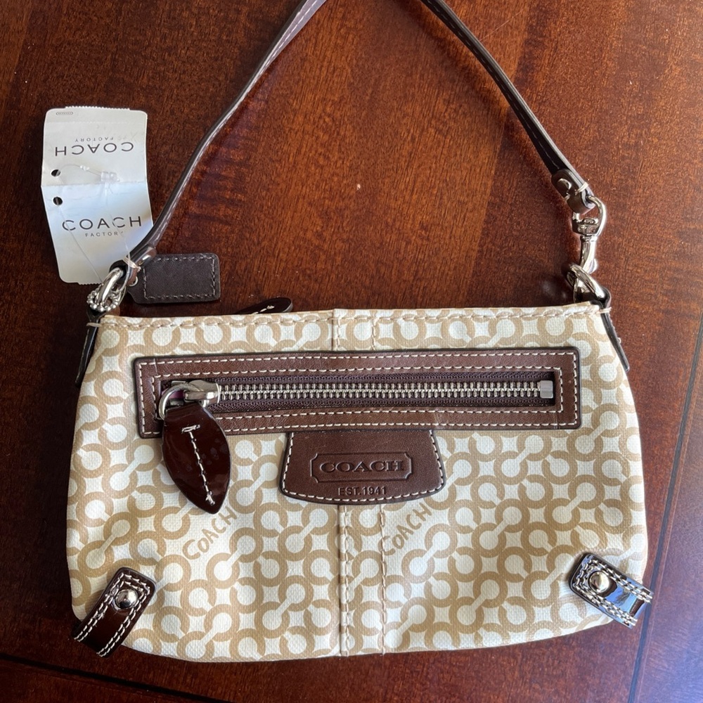 Coach OP ART Brown and Cream Signature Clutch coated canvas and leather NWT!
